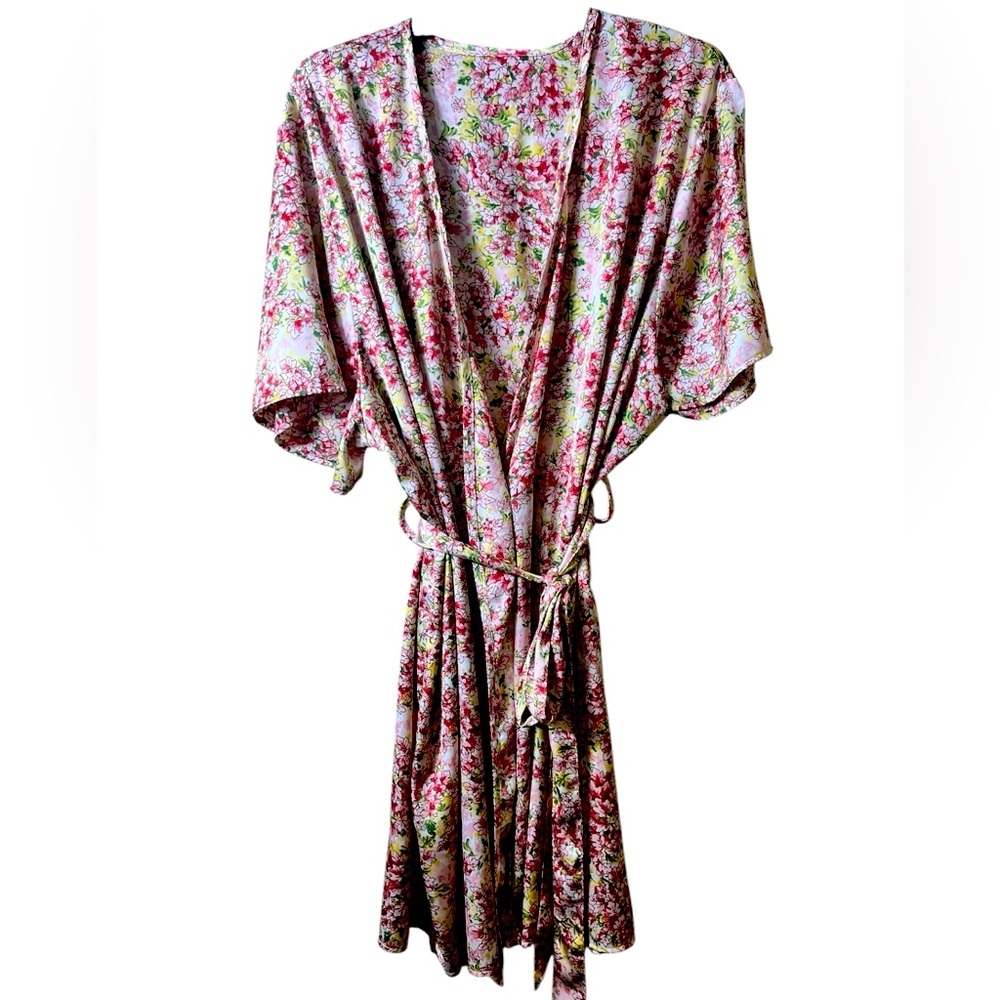 Floral Kimono Satin Robe One Size Lounge Wrap Lightweight Soft Travel Bridal Spa